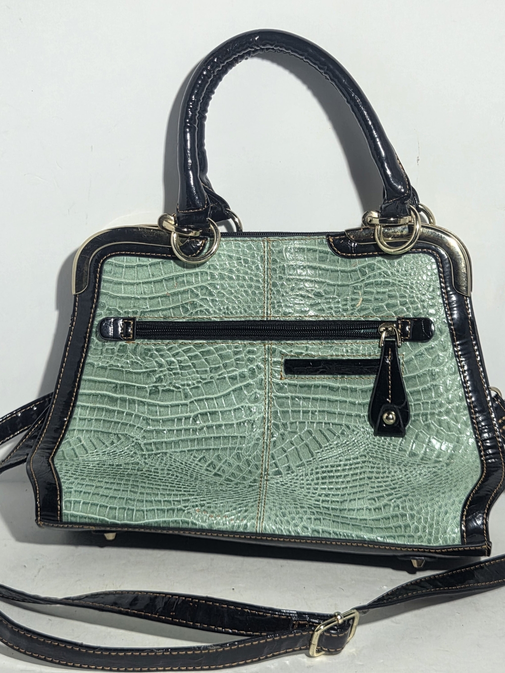 MC Mint Green & Black Faux Crocodile Snakeskin Satchel Crossbody Handbag